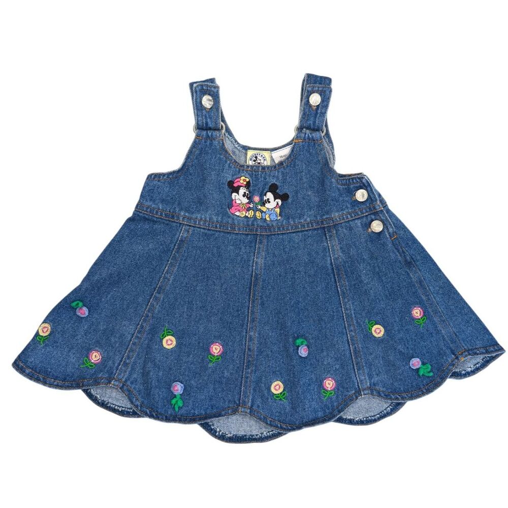 Vintage Y2K Mickey & Co Disney Denim Overall Dress Jumper Sz 18 Mos Embroidery